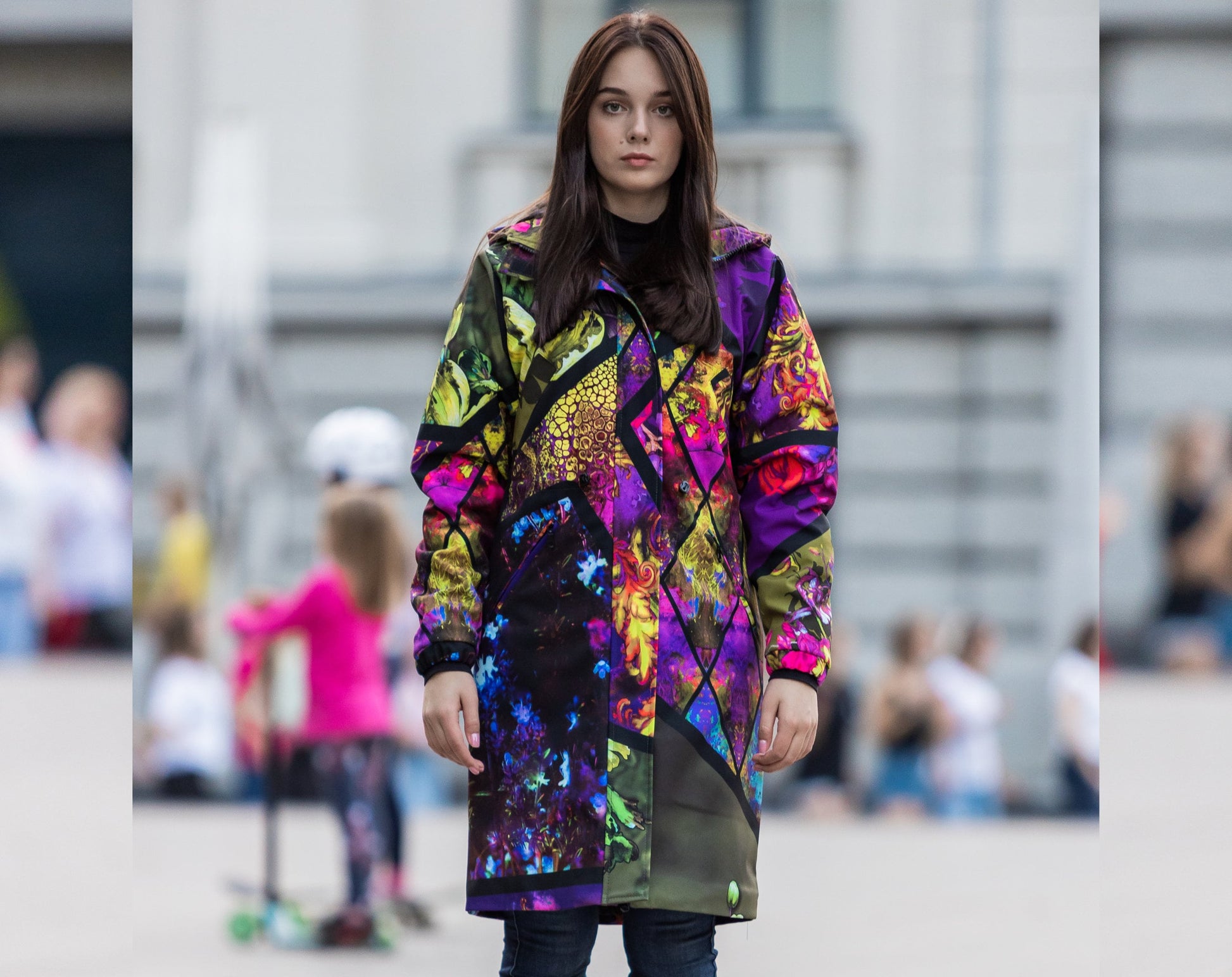 Women`s softshell parka coat in colorful print, Winter Jacket