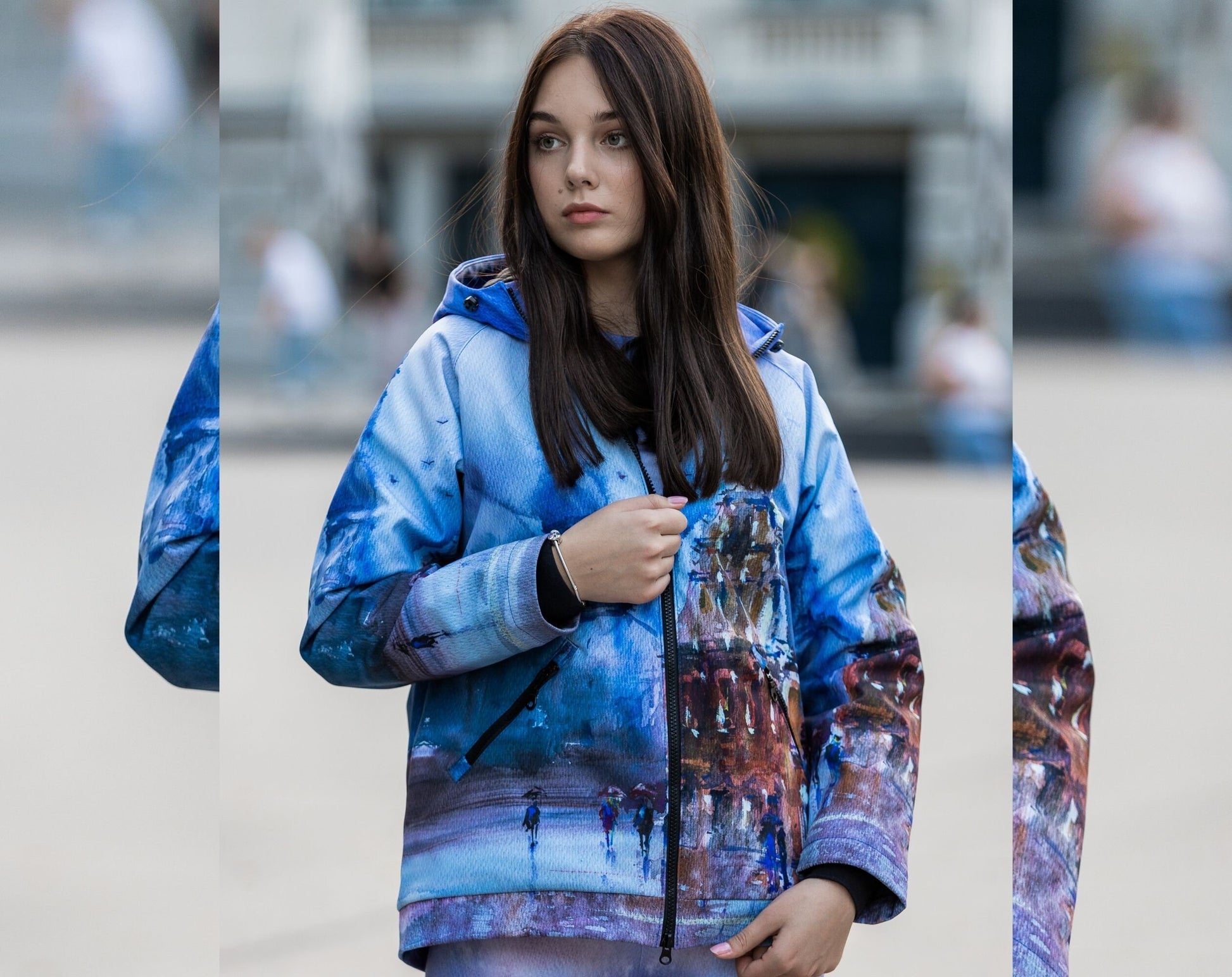 Winddichte Jacke, Sportbekleidung, bunte Jacke, Damen-Sportjacke, Oberbekleidung, bemalte Jacke, bedruckte Jacke, Kleidung in Übergrößen, Taschen