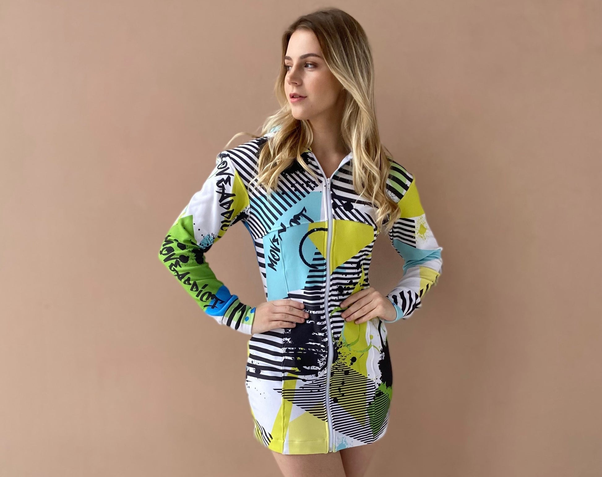 Colorful sports dress with a hood and zipper