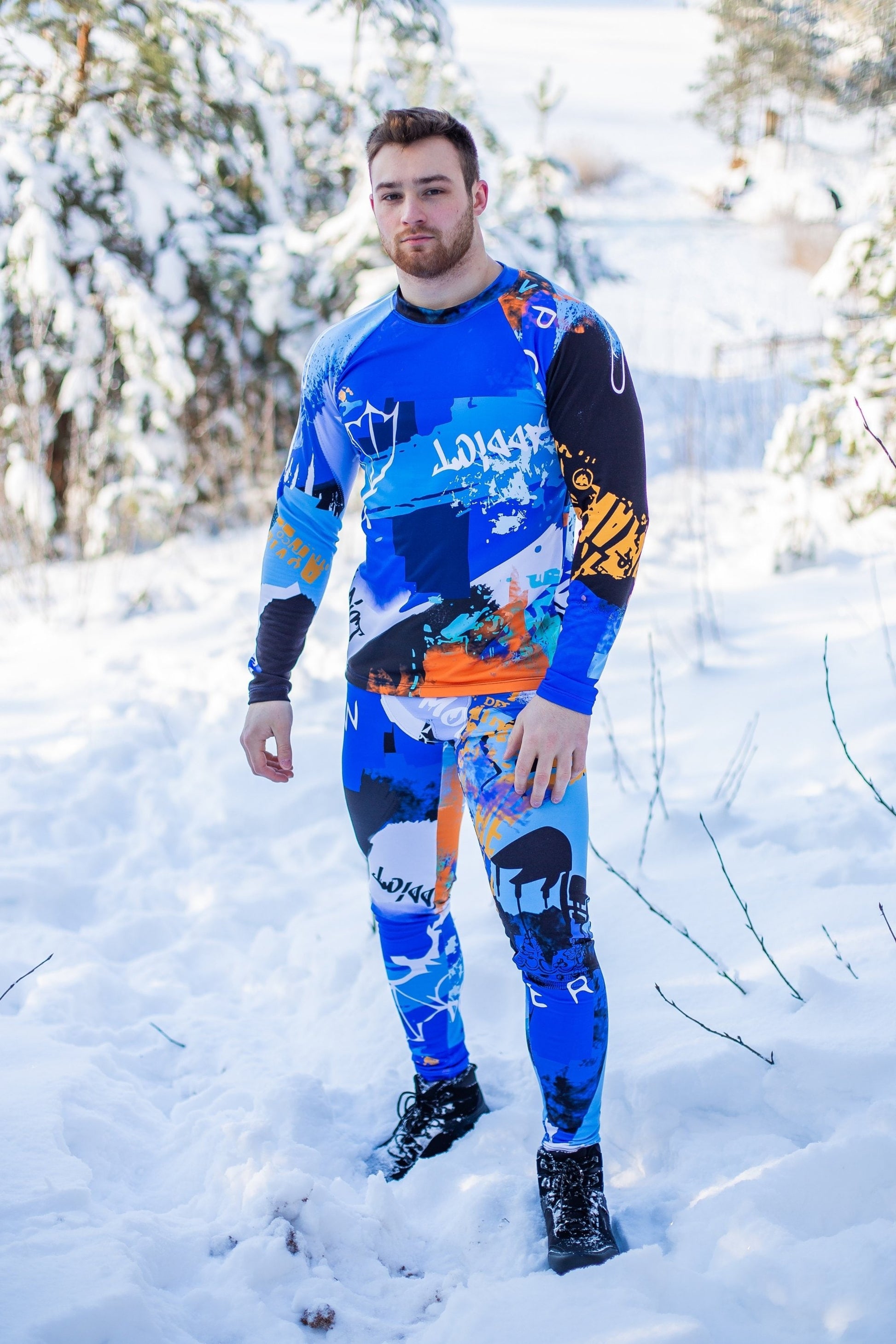 SET: Men's Blue Winter Thermal underwear, Montain's Clothes, Snowboard style, Man Leggings and Top, Men's Mountain's clothes, Man Leggings