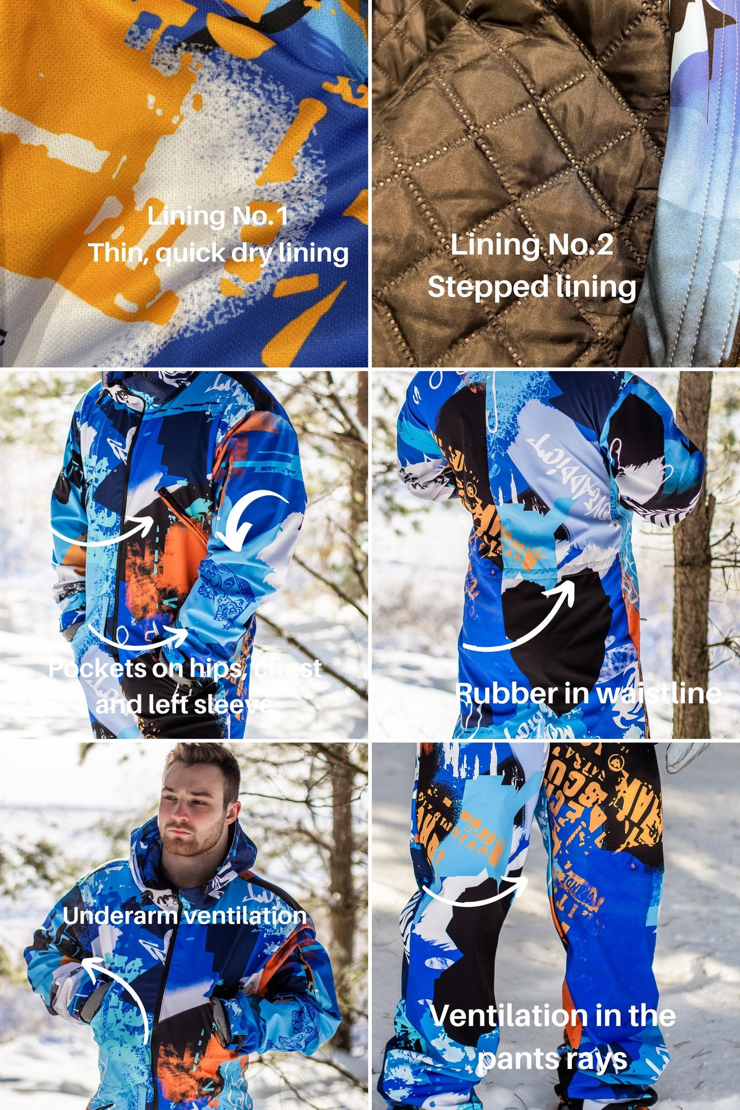 SET: Men's Blue Winter Ski Jumpsuit, Snowboard Clothes, Snowboard suit, Skiing Overall, Men's Mountain's clothes, Winter Thermal underwear