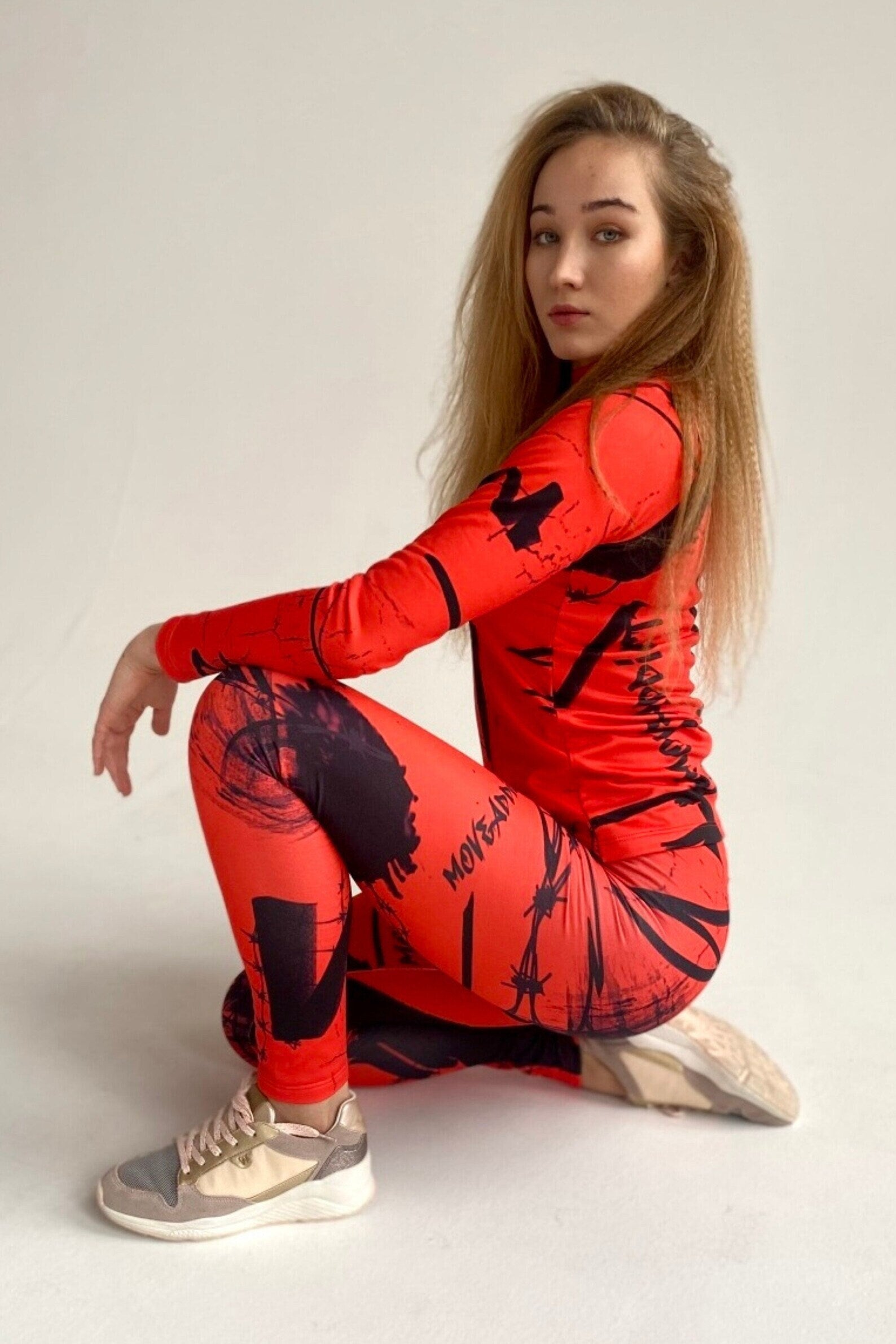 SET: Women's Thermowear, Leggings, Abstract Red Top, Winter Underwear, Thermal Protective, Clothing, Sport underwear, Winter Clothes
