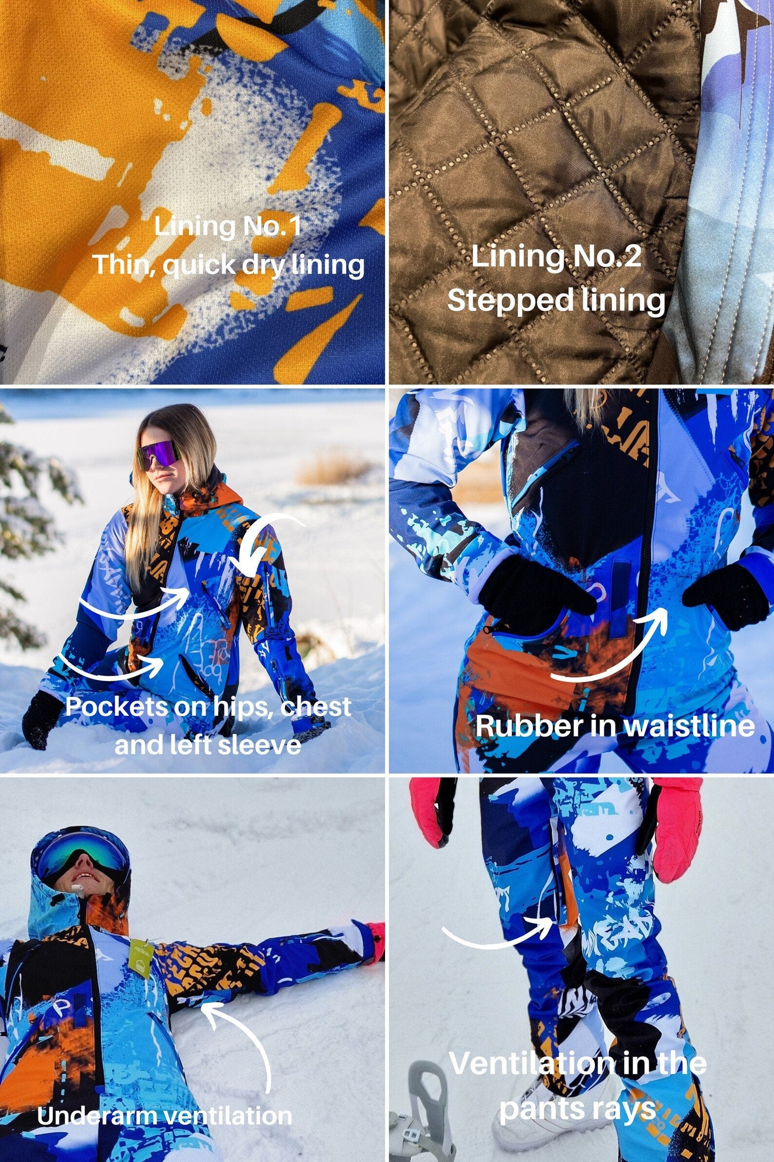 SET: Dark Blue Winter Ski Jumpsuit, Snowboard Clothes, Snowboard suit, Skiing Overall, Women Mountain's clothes, Winter Thermal underwear