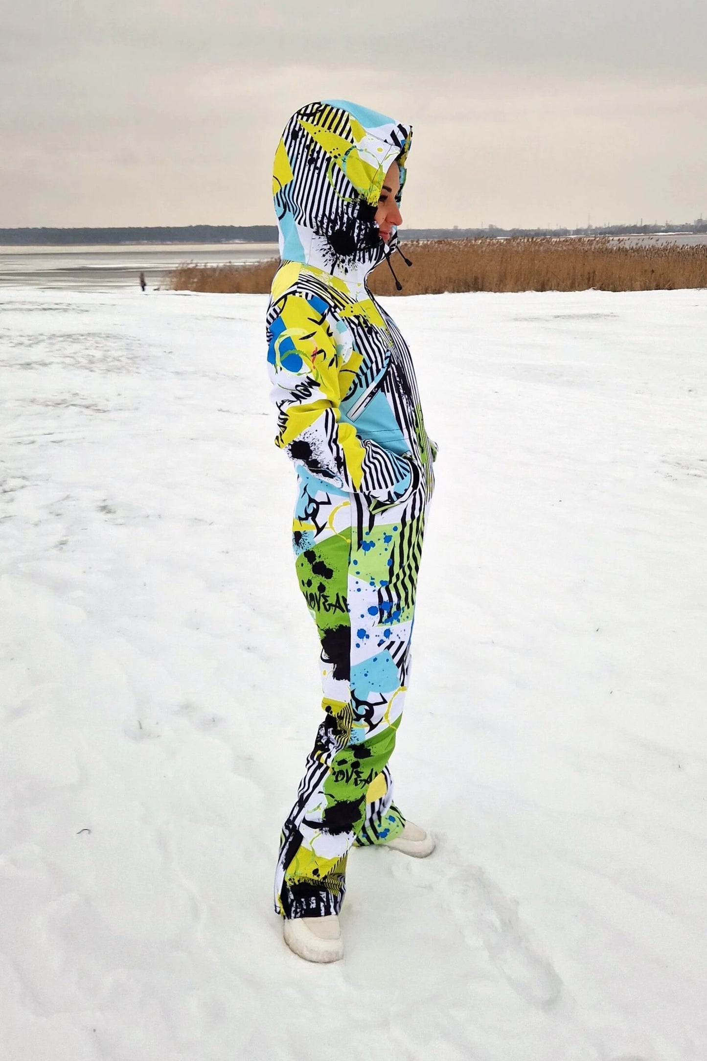 SET: Yellow Green Winter Ski Jumpsuit, Snowboard Clothes, Snowboard suit, Skiing Overall, Women Mountain's clothes, Winter Thermal underwear